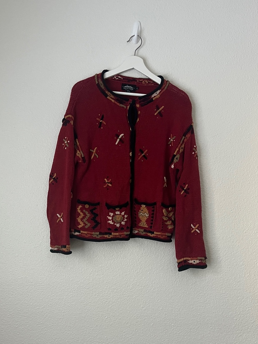 Vtg Icelandic Design Atlandia Red Cardigan Sweater M Hemp Cotton 4 Pocket Crop